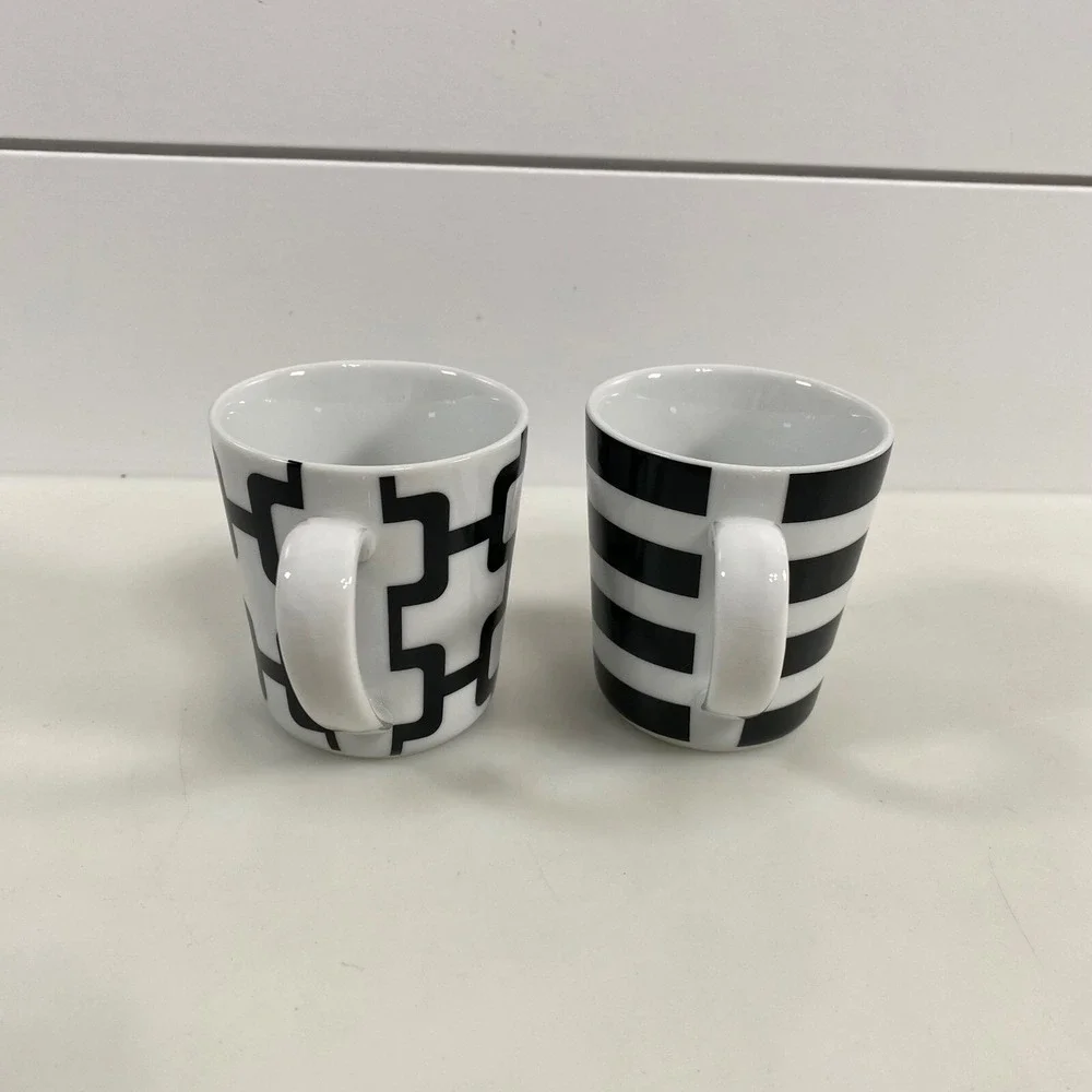 Crate & Barrel Demitasse‎ Espresso Cups Saucers White Black Geometric Porcelain